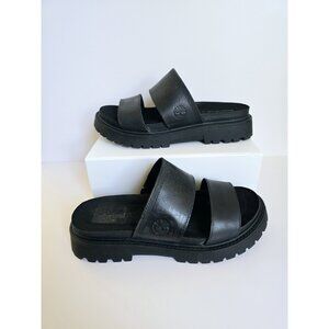 Timberland Clairemont Way Black Leather Slip On Lug Slide Sandals Shoes 6.5